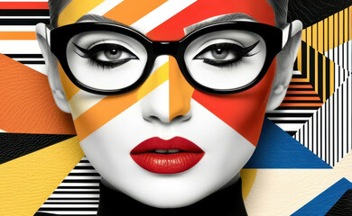 A woman with red lips and black glasses is the main focus of the image