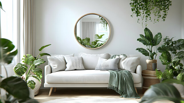 Cozy living room with plants and a mirror, promoting relaxation.