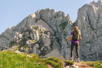 Naklejka premium Woman Hiking Alone in Alpine Mountain Area