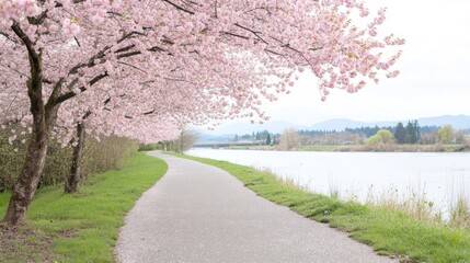 Fototapeta premium Tranquil Riverside Path Under Cherry Blossom Canopy