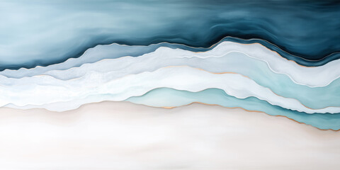 Obraz premium Abstract wavy design in soft blue, white, and beige tones, resembling ocean waves or sand layers, creating a tranquil and elegant composition.