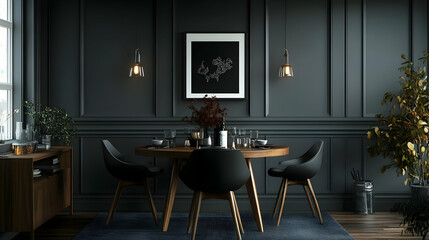 Elegant dining room with dark walls and modern decor.