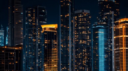 Modern City view, dark blue and orange gold. Nighttime view of a technologically advanced city with illuminated skyscrapers. natural lighting