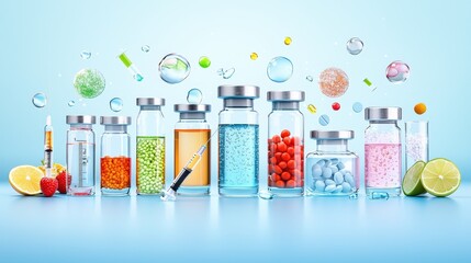 An array of vials and syringes on a blue lab table