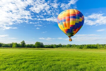 Fototapeta premium Colorful hot air balloon over a green landscape.