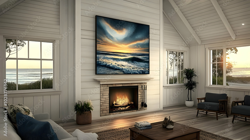 Poster Cozy living room with a fireplace and ocean-themed artwork.