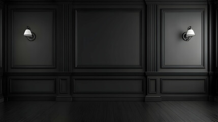 Elegant black interior with wall sconces and decorative panels.