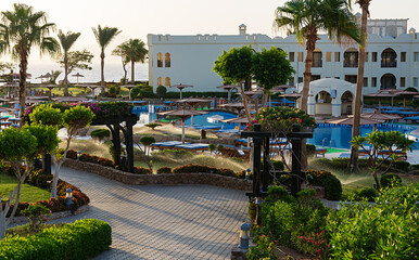Swimming pool with palm trees at morning,  Egypt