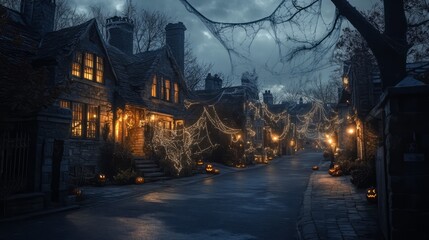 Fototapeta premium scary dark and empty street with spider web. halloween theme