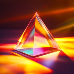Fototapeta premium A stunning glass prism reflecting vibrant light. The clear, sharp edges create a beautiful spectrum. Perfect for artistic projects or science themes. 