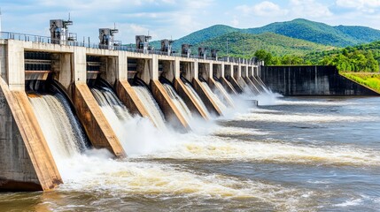 Water flowing through a hydroelectric dam.