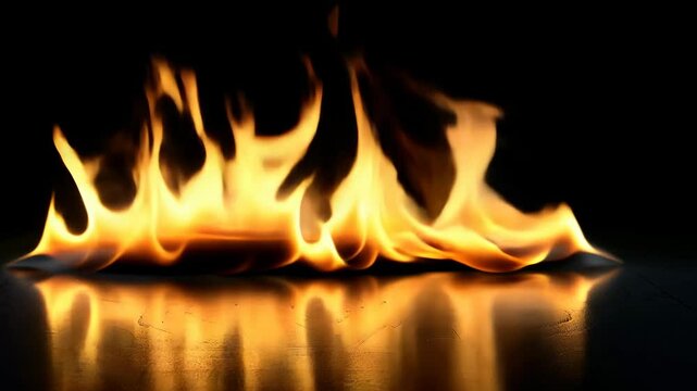 A row of flames dances across a dark surface, reflecting in the shiny material below