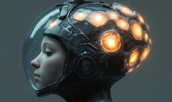 Woman in futuristic helmet with glowing lights.