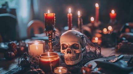 a scary sofa decorated with halloween skull and candle