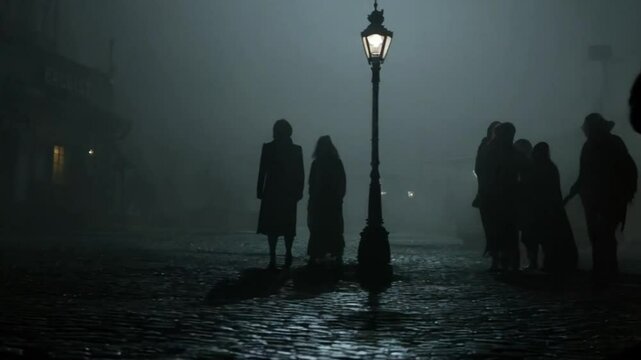 An eerie fog rolls through a deserted town square, where old lampposts flicker weakly. Shadows move across the cobblestones as faint, echoing footsteps approach from all directions.