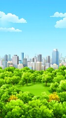 Fototapeta premium Lush green park with a city skyline in the background.