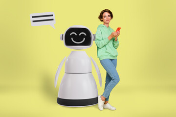 Composite photo collage of happy girl business freelancer hold phone ai technology machine generative isolated on painted background