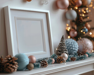 An empty white vertical acrylic picture frame on a modern kitchen shelf, decorated with pastel colored Christmas garlands and pinecones, with soft holiday lights glowing in the background.