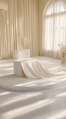 Minimalist white room with draped fabric on podium and natural light.