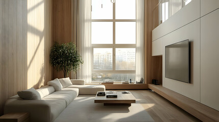 Modern living room with large windows and minimalist furniture.