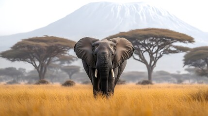 Obraz premium Saving Elephants: Wild Elephant in its Natural Environment A majestic elephant roaming in a savanna-like landscape surrounded by green trees and bushes.