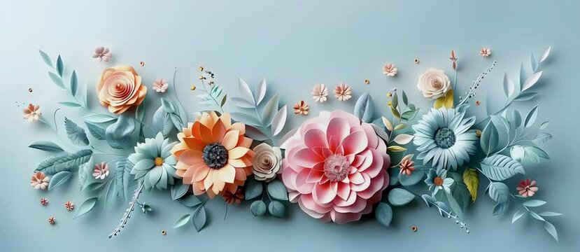 Paper art floral frame with pastel flowers and leaves.