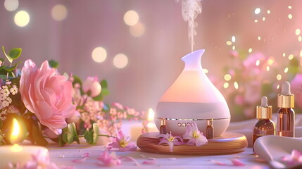 Aromatherapy Harmony: A serene and elegant composition featuring a diffuser, essential oil, candle, and delicate flowers, bathed in warm, golden light. The scene evokes a sense of tranquility.