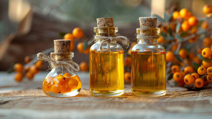 Illustration of glass bottles filled with golden yellow sea buckthorn oil, each with cork stoppers and tied with twine, background with a branch with bright orange sea buckthorn berries.