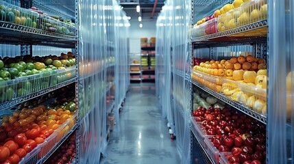 Fototapeta premium A cold storage curtain. set in a professional fruit processing facility. Shelves in the background with display various colorful frozen fruits.