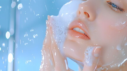 Fototapeta premium Radiant Skin Ritual: A close-up portrait of a young woman with clear, glowing skin, splashing water and applying a luxurious foaming cleanser, creating a refreshing and invigorating experience. 