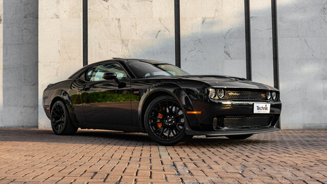 Black Dodge Challenger SRT front view three quarters, Sportscar photoshoot, High Resolution Automotive Photography