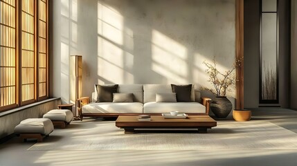 Modern living room interior featuring a luxurious sofa, contemporary furniture, a stylish table, and large windows that enhance the space's elegance