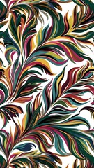 Colorful feathers with abstract lines on white background. Seamless background pattern. Fabric wallpaper print texture.