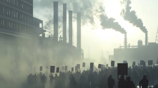 Defiant Protest Against Corporate Pollution - A Powerful Environmental Impacts Demonstration in front of Polluting Factory with Demonstrators Holding Banners, Cinematic Lighting