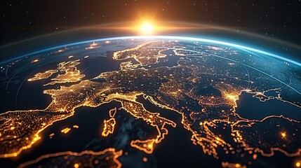 Obraz premium A night-time view of the Earth from space, with major cities glowing brightly. Thin digital lines link these cities, symbolizing the global digital network that never sleeps.