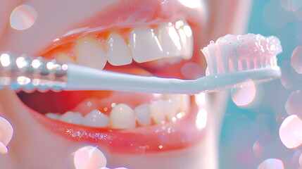 Obraz premium Radiant Smile: Close-up of a woman brushing her teeth with a pink toothbrush, showcasing healthy, bright teeth and fresh breath. A perfect image for dental care, oral hygiene, and beauty products. 