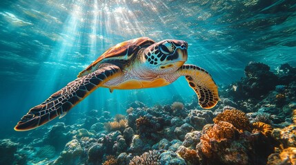 Obraz premium Sea turtle swimming through an underwater coral canyon 