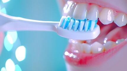 Obraz premium Radiant Smile: Close-up of a woman brushing her teeth with a white toothbrush, showcasing healthy, bright teeth and pink gums. A focus on oral hygiene and healthy habits.