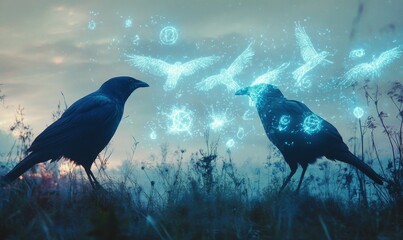 Two crows facing each other with glowing birds in the