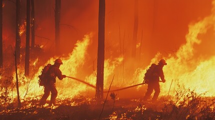Fototapeta premium Devastating Wildfire Ravaging Forest - Climate Change Emergency Response Concept with Firefighters, Intense Flames, and Smoke Plumes. Ultra-Detailed, Cinematic Light.