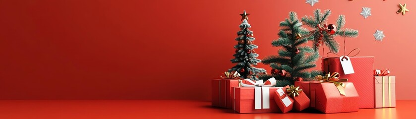 Festive Christmas scene with red gift boxes and decorated trees on a vibrant red background, capturing the holiday spirit and joy of giving.