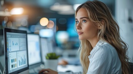 Executive coach woman working on a computer screen to integrate AI into their coaching practice in a modern bright and airy office.