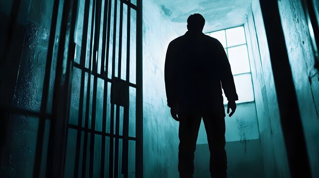 Silhouetted figure standing in the dimly lit,foreboding corridor of a prison or other correctional institution,evoking a sense of confinement,isolation.