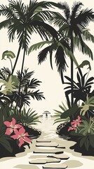 Tropical beach scene with palm trees, lush foliage, a white building in the distance and a path leading to it.