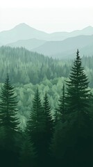 Fototapeta premium Tranquil forest landscape with rolling hills and a hazy sky in the distance.