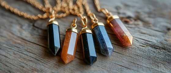 Several crystal pendant necklaces lying on a wooden surface. The pendants are elongated, pointed crystals in various colors including black, orange, dark blue, and reddish-brown. Generative AI