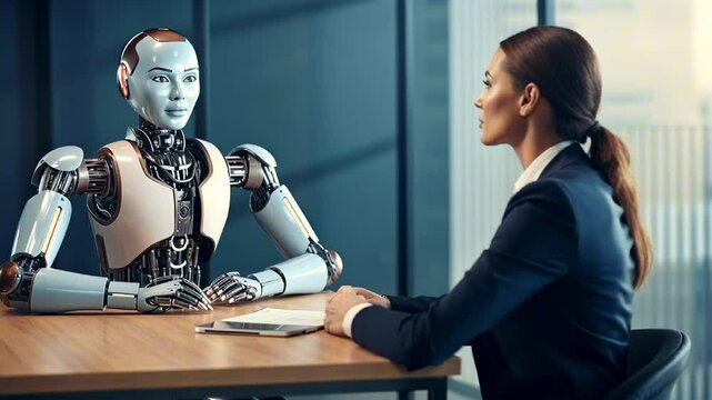 Futuristic job interview. A young woman applicant and an AI robot HR are sitting at the table and talking. Future recruitment technology