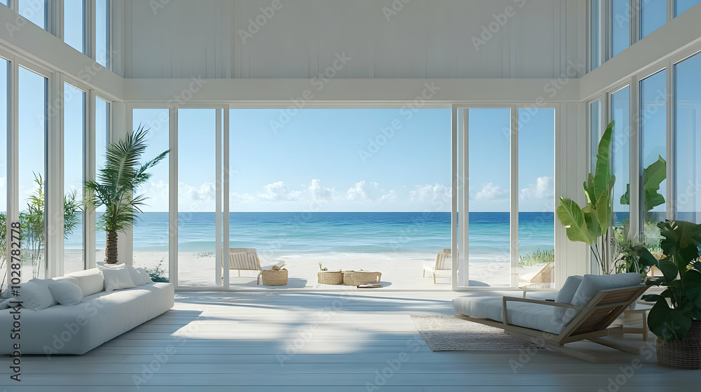 Canvas Prints A serene beach view from a modern, airy living space.