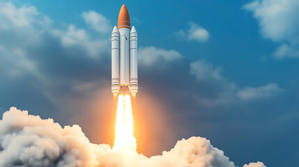 Space shuttle launching with bright flames against a blue sky and clouds, showcasing the power and technology of space exploration.