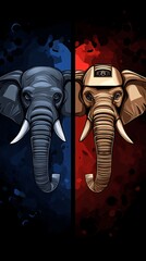 Two elephants facing each other, one gray on a blue background and the other brown on a red background.